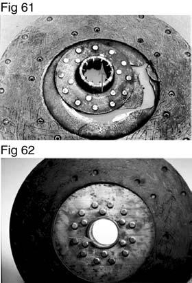 Clutch Disc Assembly Failure - Hub of Rigid Driven Disc Worn Excessively or Fracturated Figure 61 shows a disc hub that has worn excessively (see arrow) and has also broken away from the disc.