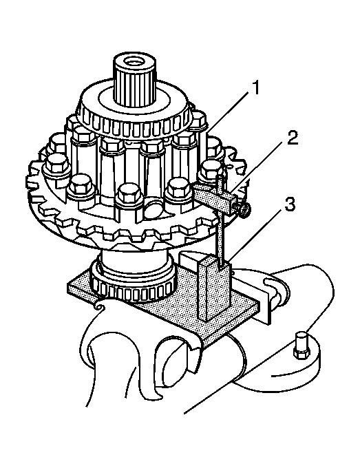 Fig. 227: Installing J 42168-7 Into Oil Passages Of Differential 9. Install the J 42168-7 (2) into one of the two oil passages of the differential (1). See Special Tools and Equipment.