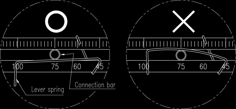 5. Insert the connection bar between the feedback lever and lever spring. The connection bar must be located upward from the spring lever as shown the below left figure.