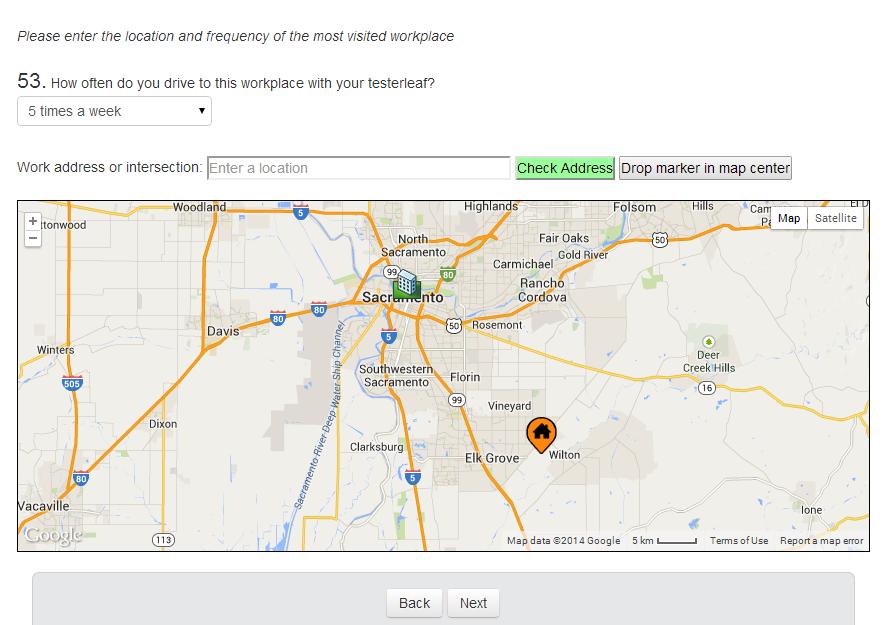FIGURE 6 Web Map Survey Tool The survey includes skip-logic to maximize the collected data with minimum survey burden. The questions are based on vehicle type, charging type and vehicle use.