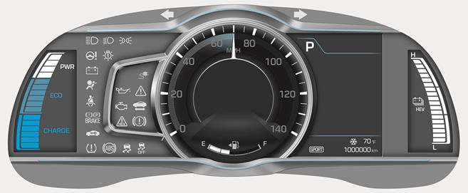 EV mode indicator indicates the operation states of the motor according to the vehicle driving states. It is turned off when the vehicle stops.