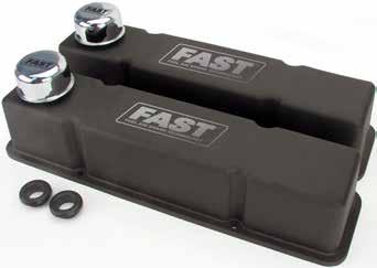Branded with the FAST logo, these black-wrinkle powder coated valve covers are manufactured in the USA and offered for Small Block Chevy, Big Block Chevy and Small Block Ford applications.