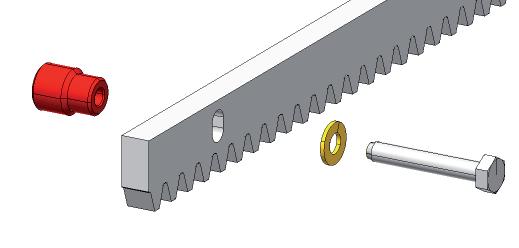 Lay the first piece of rack level on the pinion and place the spacer between the rack and the gate, positioning it at the top of the slot.