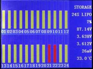 6. The third interface display all information including all cell voltage. The highest and the lowest cell voltage is displayed in RED text.