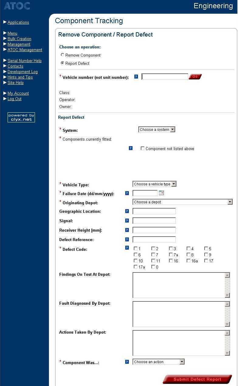Appendix J Component tracking application form