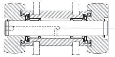 FOLLOWERS FOR OVERHEAD CONVEYOR The common spindle carrying the two rollers turns between two RAX 718 combined bearings (with thrust plates) which ensures lateral location in both
