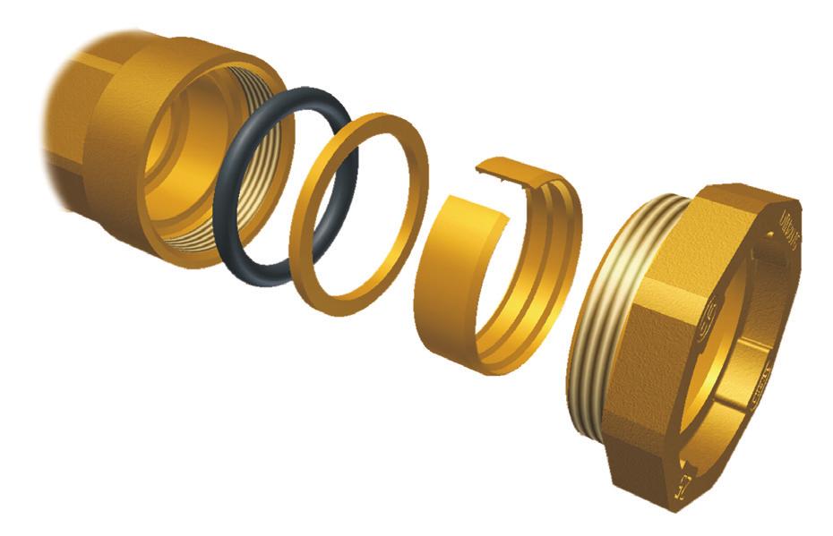 DESIGN A B E D C A - Brass body EN 12165 CW617N B - Brass locking nut EN 12165 - CW617N C - Brass compression ring EN 12164 - CW614N D - Sealing Ring dimensions DN20-DN32 in brass EN 12164 -CW614N