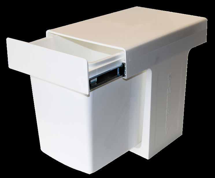 15 Litre Single Slide Out Bin For 300mm cabinets White Capacity 15 litres Base or shelf mounted Easy to install (4 screws) Smooth ball bearing