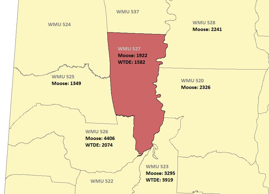 Figure 6: Moose and white-tailed deer (WTDE) population estimates for WMU s surrounding 527.
