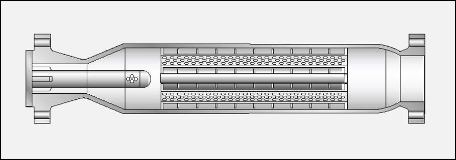The Valtek silencer consists of a series of tuned chambers and tubes filled with sound absorbing material (Figure 14.14.2), and is designed with staged pressure reduction.