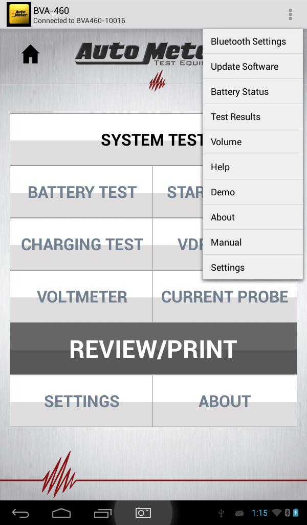 SET UP OPTION MENU DETAILS 1 2 3 4 5 6 7 8 8 10 1. Allows pairing to Bluetooth Devices. 2. Update Control Module and Load Module software. 3. Check Battery Status. 4. Show list of Test Results. 5. Adjust Control Module volume.