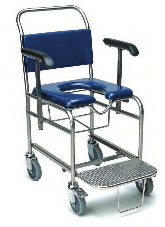 AX 432 The shower chair offers a three position, drop down armrest, a non-slip retracting footrest fitted with an anti-tilt bracket and comes with a seamless, soft padded seat and backrest.