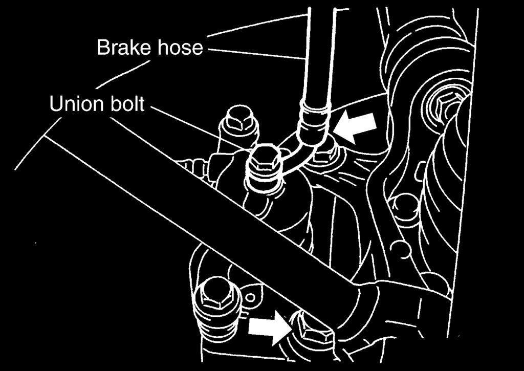 < REMOVAL AND INSTALLATION > REAR DISC BRAKE 3. Remove the union bolt and copper sealing washers. Then disconnect the brake hose from the cylinder body. Do not reuse the copper sealing washers. 4.