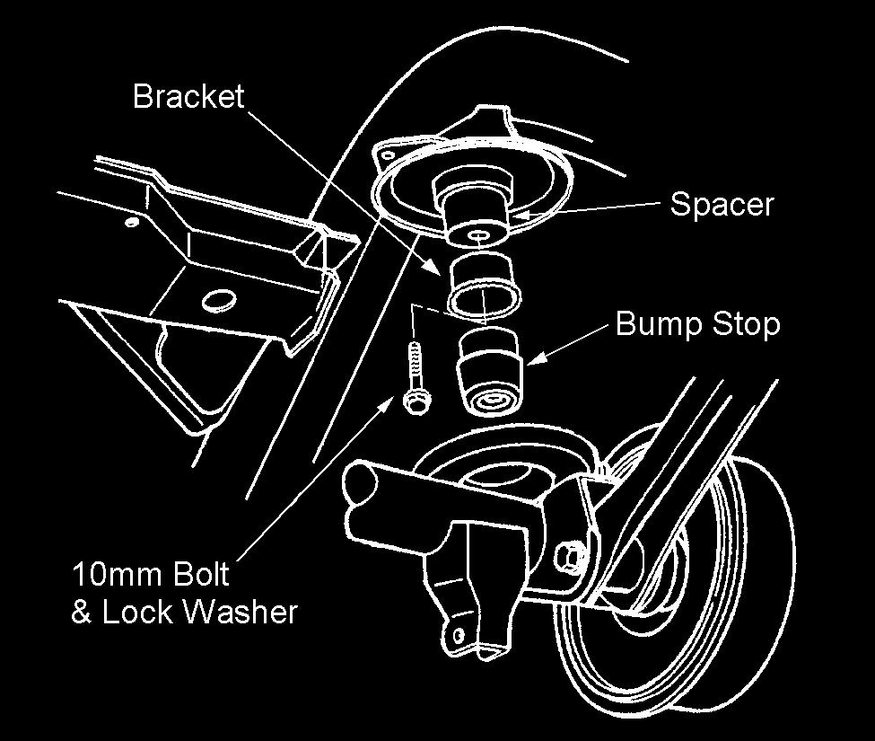 2) Remove the lower arm axle and frame mounting bolts. Remove the lower suspension arm. 3) Install new Rancho suspension link 1335 to the frame and axle brackets. See figure 14.
