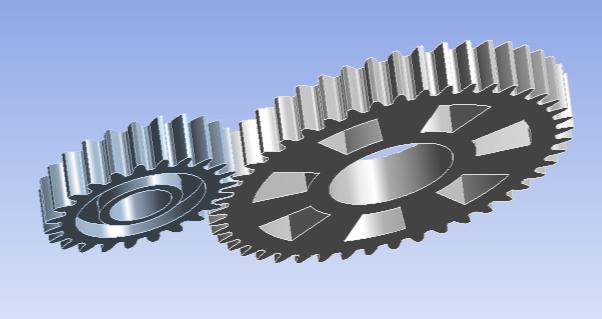 modeler. Once the involute shape is generated, by using extrapolation, reflection, and array command the 3D model is developed. Developed solid meshing of the spur gear is shown in Fig. 5 given below.