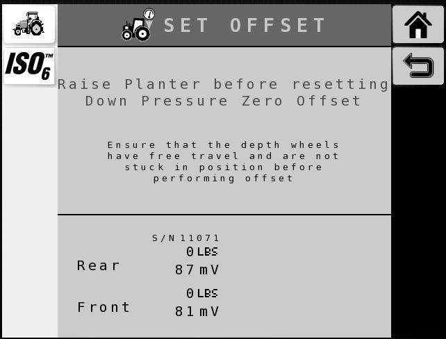 CLEARING DOWN PRESSURE READINGS Resetting Offset Values clears previous down pressure readings and resets values to zero. To Reset Offset Values: 1.