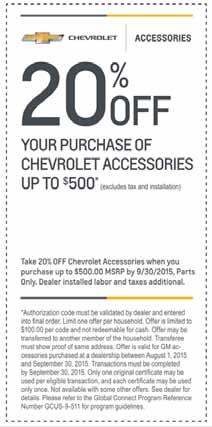 chevrolet accessories 20% discount offer - new roads magazine Product News Overview: Private offer insert within Issue #2 of Chevrolet New Roads Owner s Magazine to recent