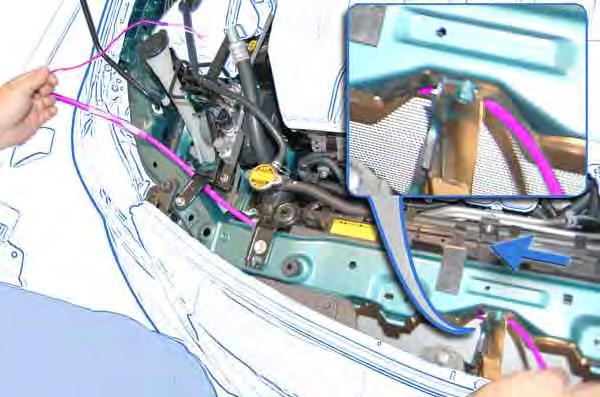 2-5 f) g) Route the Hood Switch Harness as shown.