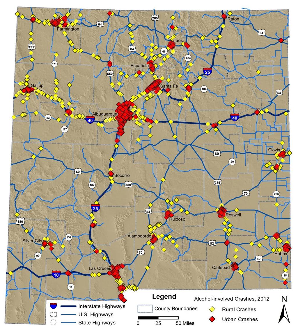 Crash Geography Map 8: Urban Versus Rural Crashes, 2012 6 6 Points on this map represent geocodable alcohol-involved crash locations (see