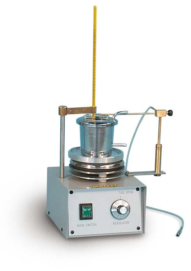 bath, thermoregulated electronic heating device, thermometers ASTM 9C -5 to +110 C and ASTM 57C -20 to +50 C. The tester is equipped of a gas flame feeder.