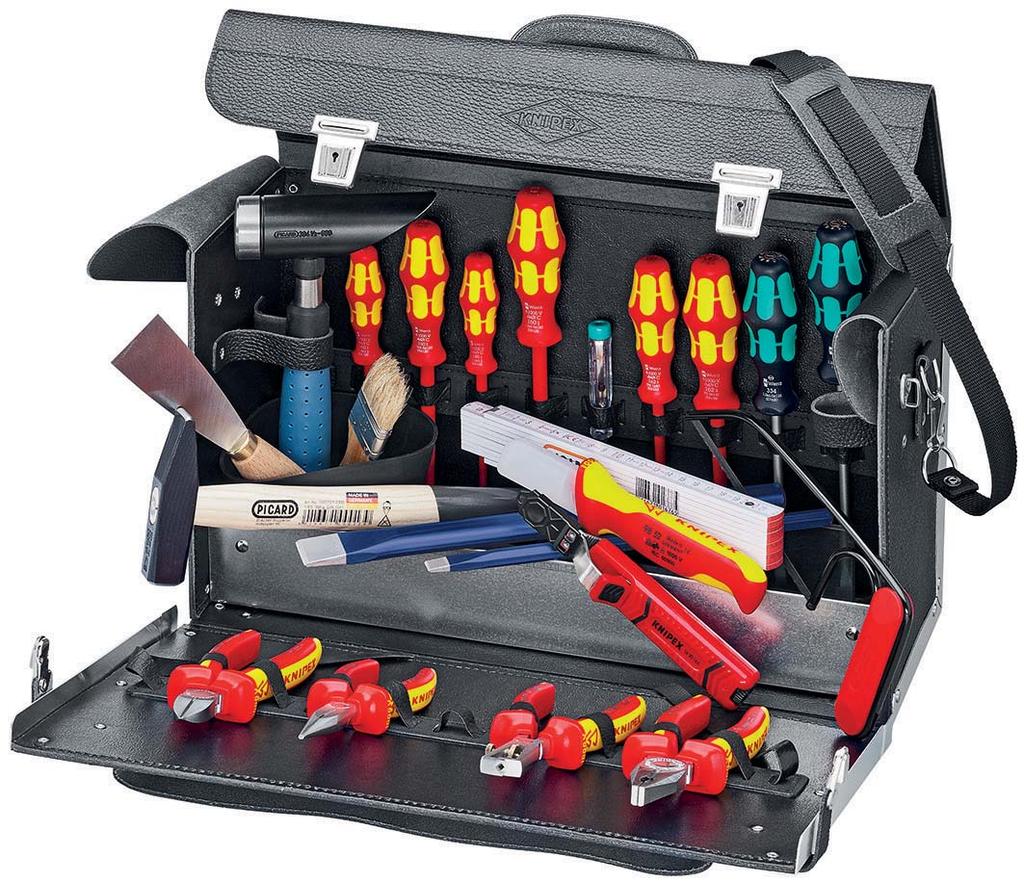 Tool Bag 24 parts for electrical contractors, top model 2 > contains 2 brand name tools, partly VDE tested according to DIN EN/IEC 609 > comfortable bag of hard wearing leather, with front bag,