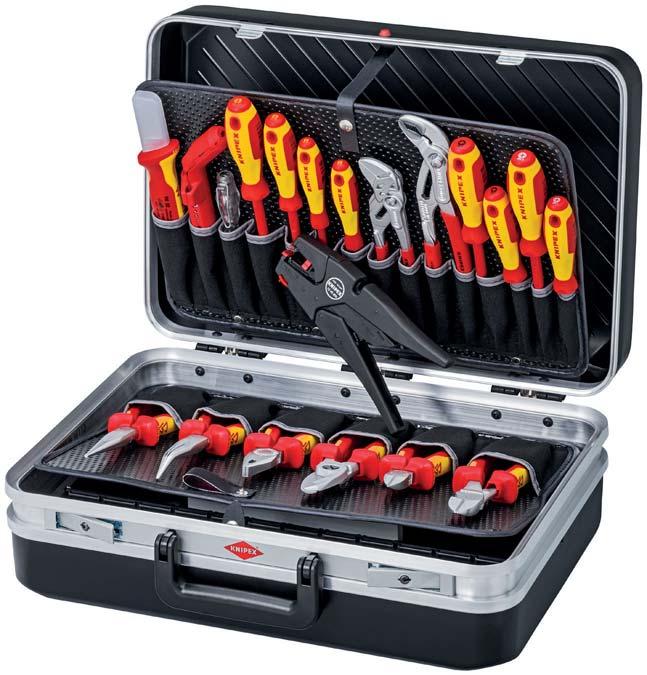 Tool Case Electric 20 parts 2 > heavy duty A S material, black > with circumferential double aluminium frame > register hinges working as lid holder > strong, ergonomic handle > two flip locks,