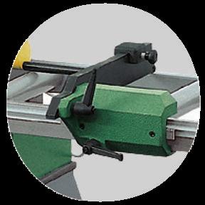 rotation of head block for angled cuts up to 45 left and right with locking lever. - Pneumatic vice with removable anti-burr.