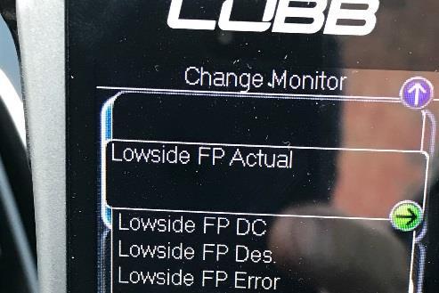 The "Lowside FP Actual" parameter is shown using a COBB Access Port. Adjust the FST-R (discussed below) until XX psi is achieved.