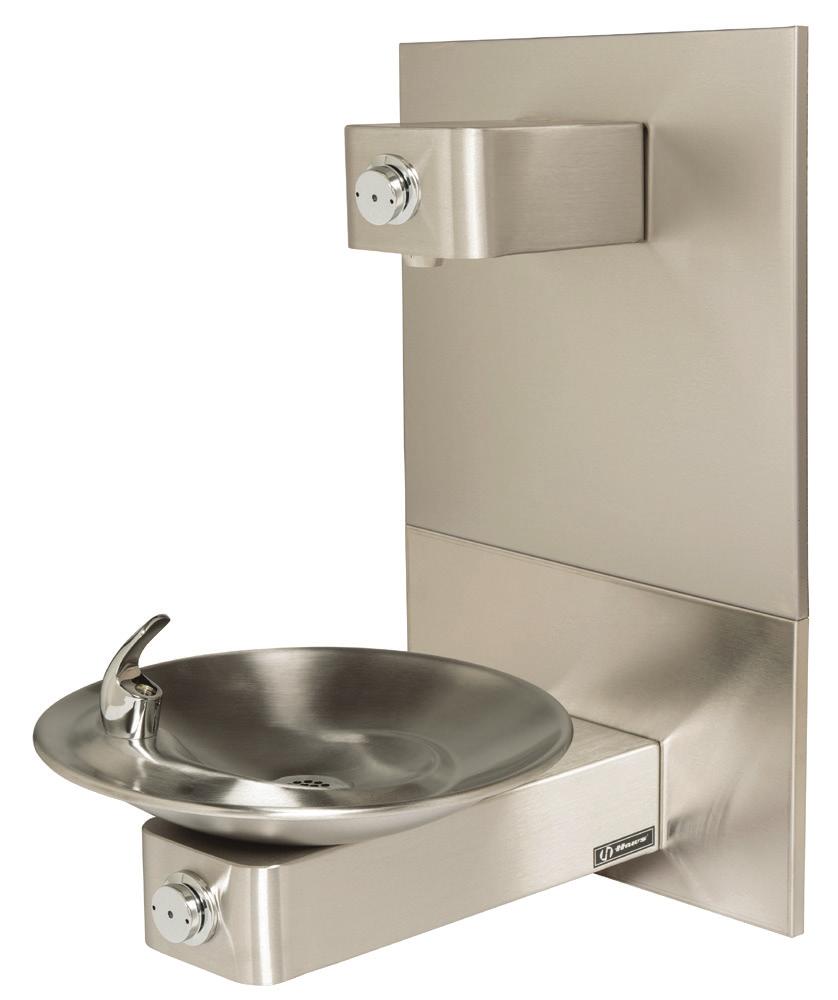 model with1920 ADA ompliant Wall-Mount Fountain and Bottle Filler FATUS & BNFITS ONSTUTION 18-gauge Type 304 stainless steel swirl design bowl, 14-gauge Type 304 stainless steel bracket, and a