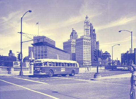 Gasoline powered motor buses were still in operation on CTA until 1963. This 1958 view at Wacker and State looking northeast shows a 3500-series bus built by the White Motor Company in 1947.