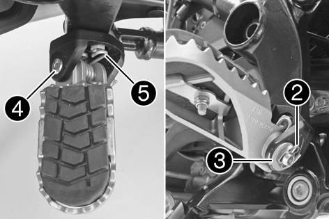 8 ERGONOMICS 73 Mount the rider footrest with spring and pin. Pliers for footrest spring (58429083000) Mount washer and cotter pin. M00598-10 Position the foot brake lever. Mount and tighten screw.