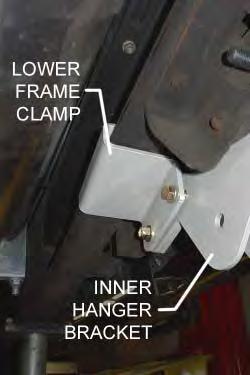 Place the inner front hanger bracket bracket on the frame, forward of the front spring hanger, so the hook goes over the top of the frame and captures the inside lip of the frame.