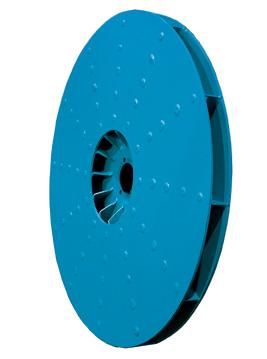 The wheel is constructed with heavy-gauge, backwardly inclined blades welded to a spun cone and heavy-gauge backplate.