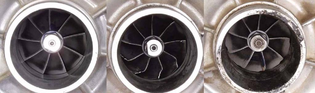 Good condition Bad condition 1 2 3 Good Turbocharger The compressor blades are clean and straight. There are no large gaps between the compressor housing and the compressor wheel.