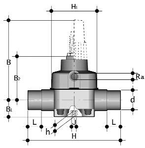 Dimensions - w/ Stroke Limiter & Position Indicator Spigot Connections DM SERIES DIAPHRAGM VALVES Dimension (inches) Size d H L B 1 B B 2 1/2 0.84 4.88 0.63 1.02 5.08 2.60 3/4 1.05 5.67 0.75 1.02 5.08 2.60 1 1.