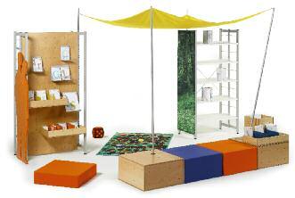 Shelf-mounted sail Canopy comprises a coloured sail, 2 poles with bases made of quadruple elements with cover plate and weights and 2 shelf holders.