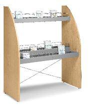 Media display rack, free-standing H5 For free-standing positioning with 5 media display racks, for presentation of non-book media and small-format comics, including slip-proof inlay, natural wood