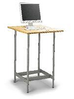 Internet standing desk Table top 800 x 800 mm, with cable entry, round tubular metal frame, wooden elements in natural wood veneer or plastic coated, coloured metal parts