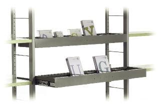 Media display rack Metal rack for title presentation and graduation of non-book material, but also usable for books, comics, folding maps, software.