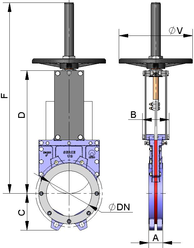 HANDWHEEL B = max. width of the valve (without actuator). D = max. height of the valve (without actuator). Options: Limiting switches. Extensions: stand, pipe, plates,... Square stem.