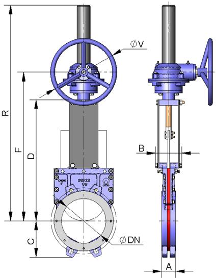 GEAR BOX This is recommended from 350. B = max. width of the valve (without actuator). B = max. height of the valve (without actuator). Options: ChainWheel Limiting switches.