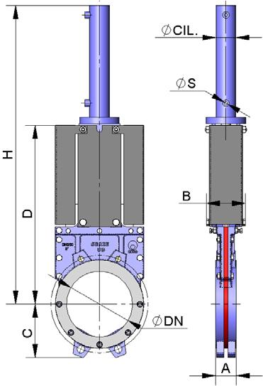 HYDRAULIC ACTUATOR (Oil pressure: 135 Kg/cm 2 ) B = max. width of the valve (without actuator). D = max. height of the valve (without actuator). The hydraulic actuator includes: Hydraulic cylinder.