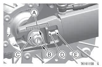 MAINTENANCE AND ADJUSTMENT 93 A. Marks B. Notch C. Axle Nut D. Adjuster E. Locknut NOTE Wheel alignment can also be checked using the straightedge or string method.