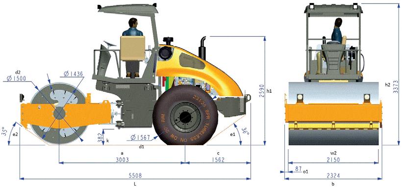 SPECIFICATIONS GENERAL DIMENSIONS D2 S H1 H2 E2 K A D1 C E1 O1 W2 DIMENSIONS L A Wheel base mm 3003 B Overall width of the machine mm 2324 C Rear overhang mm 1562 D1 Diameter of the rear tyres mm