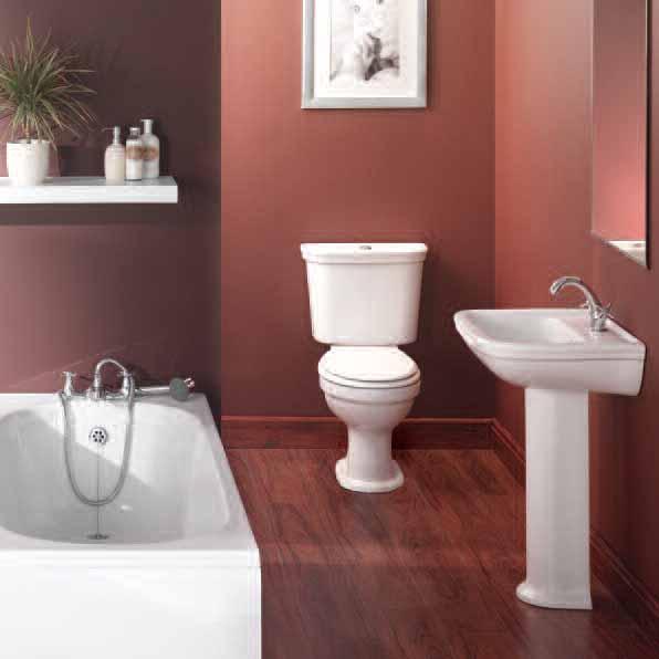 Element 57cm basin, pedestal and WC, pictured with the Pulse bath, Modern bath panels and Realm brassware Element suite, as pictured above RRP Element WC (inc.