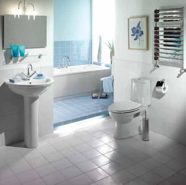 Sensual 60cm basin, pedestal and WC, pictured with the Enya four tap hole bath, Enya bath panel and Mode brassware Sensual suite, as pictured above RRP Sensual WC (inc.