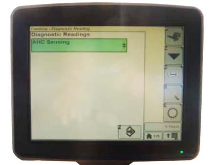 Select AHHC RESUME (A) and a list of calibration options appears. Figure 6.56: John Deere Combine Display 5. Select AHHC SENSING option. 6. Press icon that resembles an arrow in a box (A).