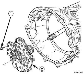 41. Install the oil pump (2) into the transmission case making certain the oil pump is flush with the transmission case. 42. Install the bolts (1) to hold the oil pump into the transmission case.