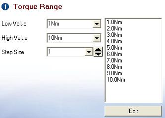 2. Torque range and test values Enter the Low and high torque values and the step size once selected the values will be automatically displayed in the list.