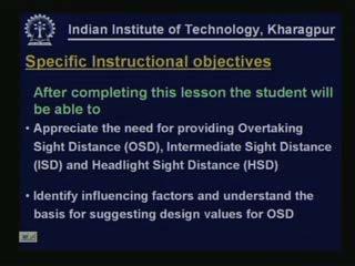 (Refer Slide Time: 00:01:24 min) After completing this lesson the student will be able to appreciate the need for providing Overtaking Sight Distance (OSD), Intermediate